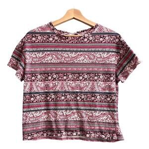Zara Trafaluc MEDIUM Red Paisley Striped Floral Crop Tee Shirt T-Short Top